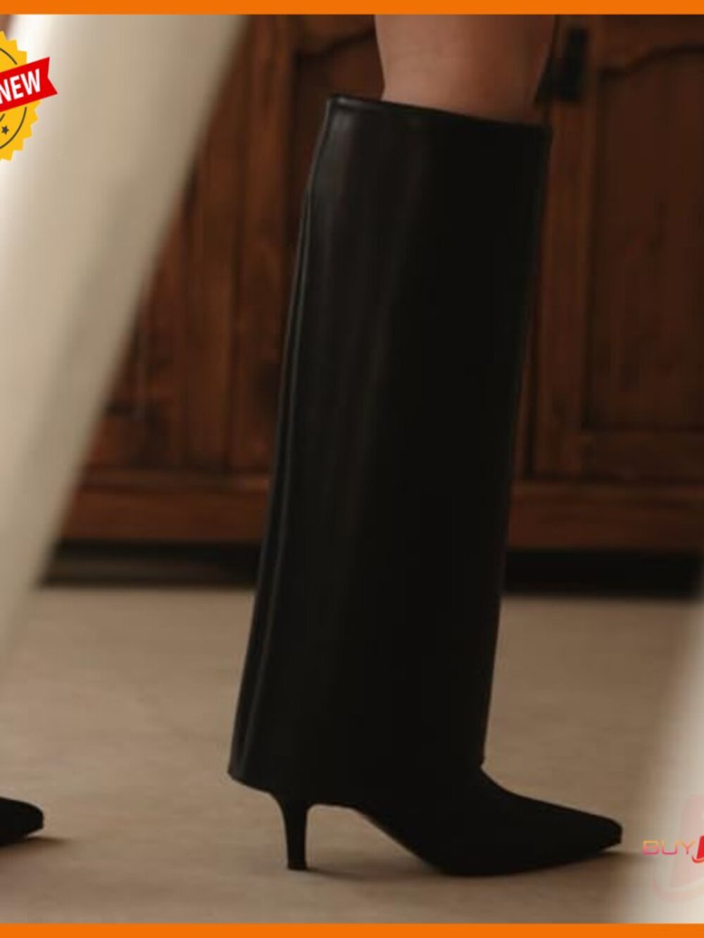 Knee High Boots Fold Over Pointed Toe Stiletto Heel Wide Calf Zipper - Picture 2 of 7